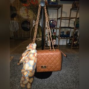 👜 NWT Quilted Tan Chain Shoulder Bag with Scarf